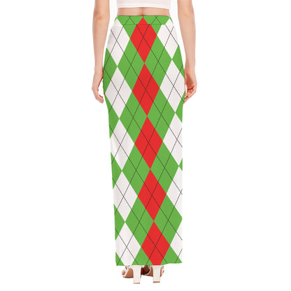 Red Green And White Argyle Pattern Print High Slit Maxi Skirt