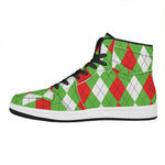 Red Green And White Argyle Pattern Print High Top Leather Sneakers