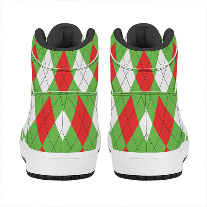 Red Green And White Argyle Pattern Print High Top Leather Sneakers