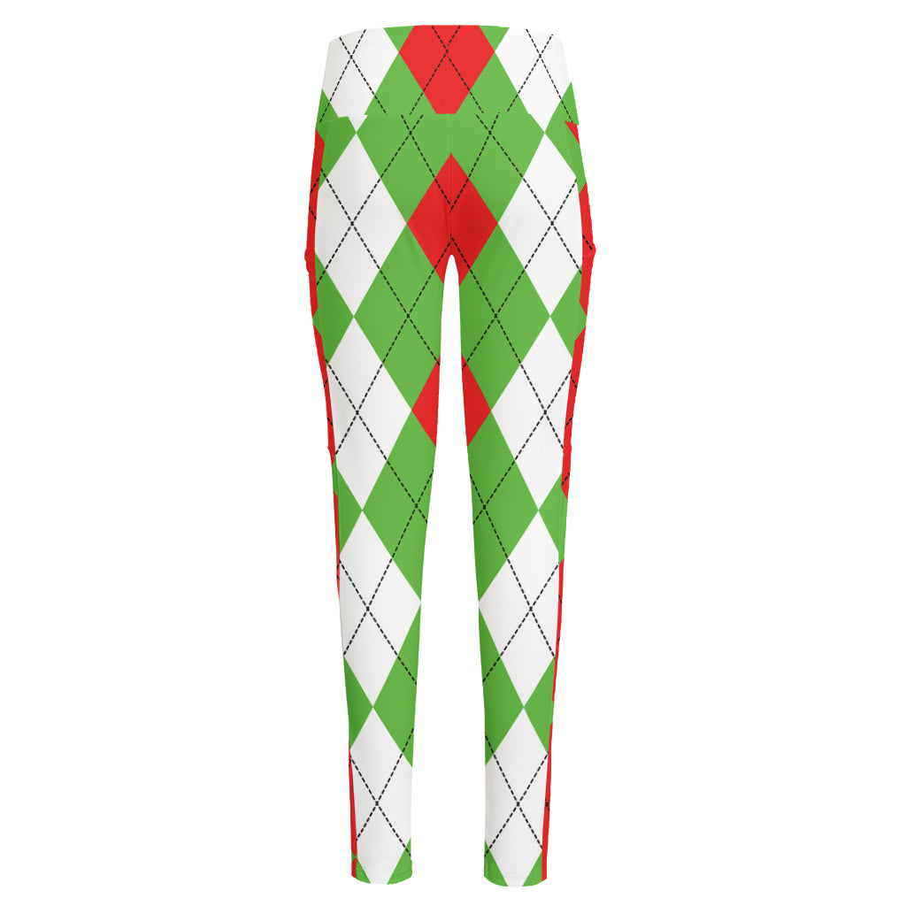 Red Green And White Argyle Pattern Print High-Waisted Pocket Leggings