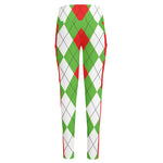 Red Green And White Argyle Pattern Print High-Waisted Pocket Leggings