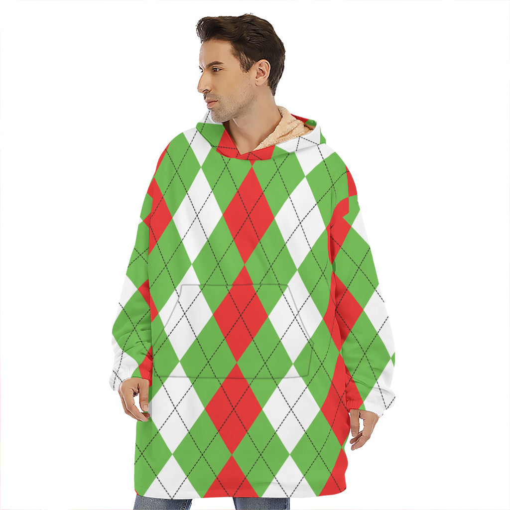 Red Green And White Argyle Pattern Print Hoodie Blanket