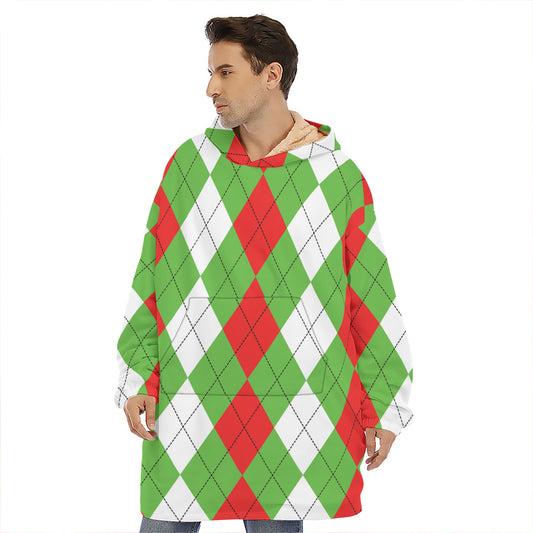Red Green And White Argyle Pattern Print Hoodie Blanket