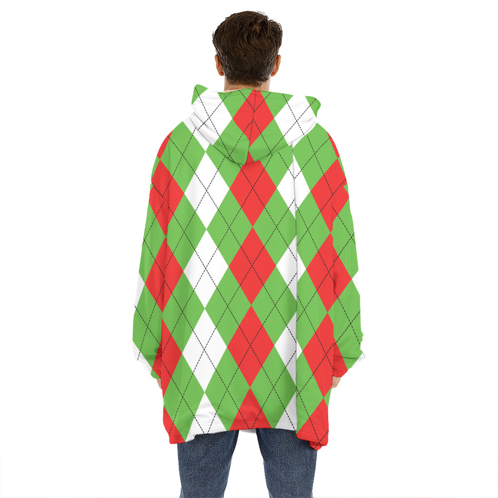 Red Green And White Argyle Pattern Print Hoodie Blanket