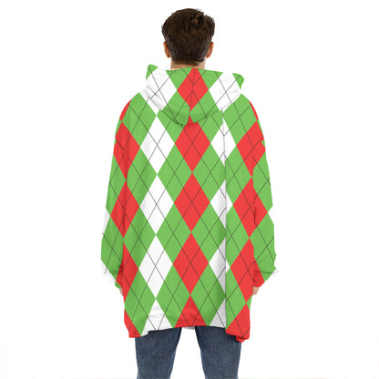 Red Green And White Argyle Pattern Print Hoodie Blanket