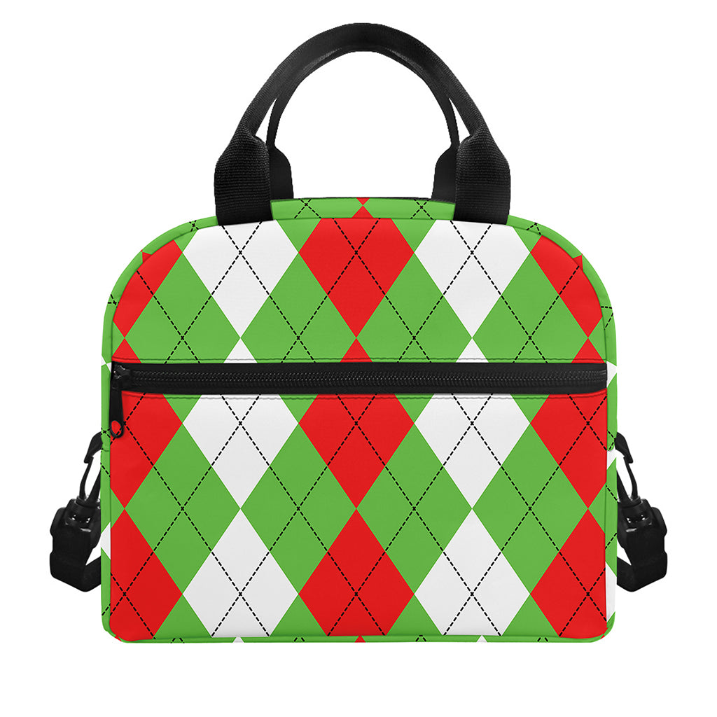 Red Green And White Argyle Pattern Print Insulated Lunch Bag