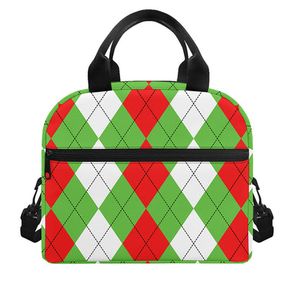 Red Green And White Argyle Pattern Print Insulated Lunch Bag
