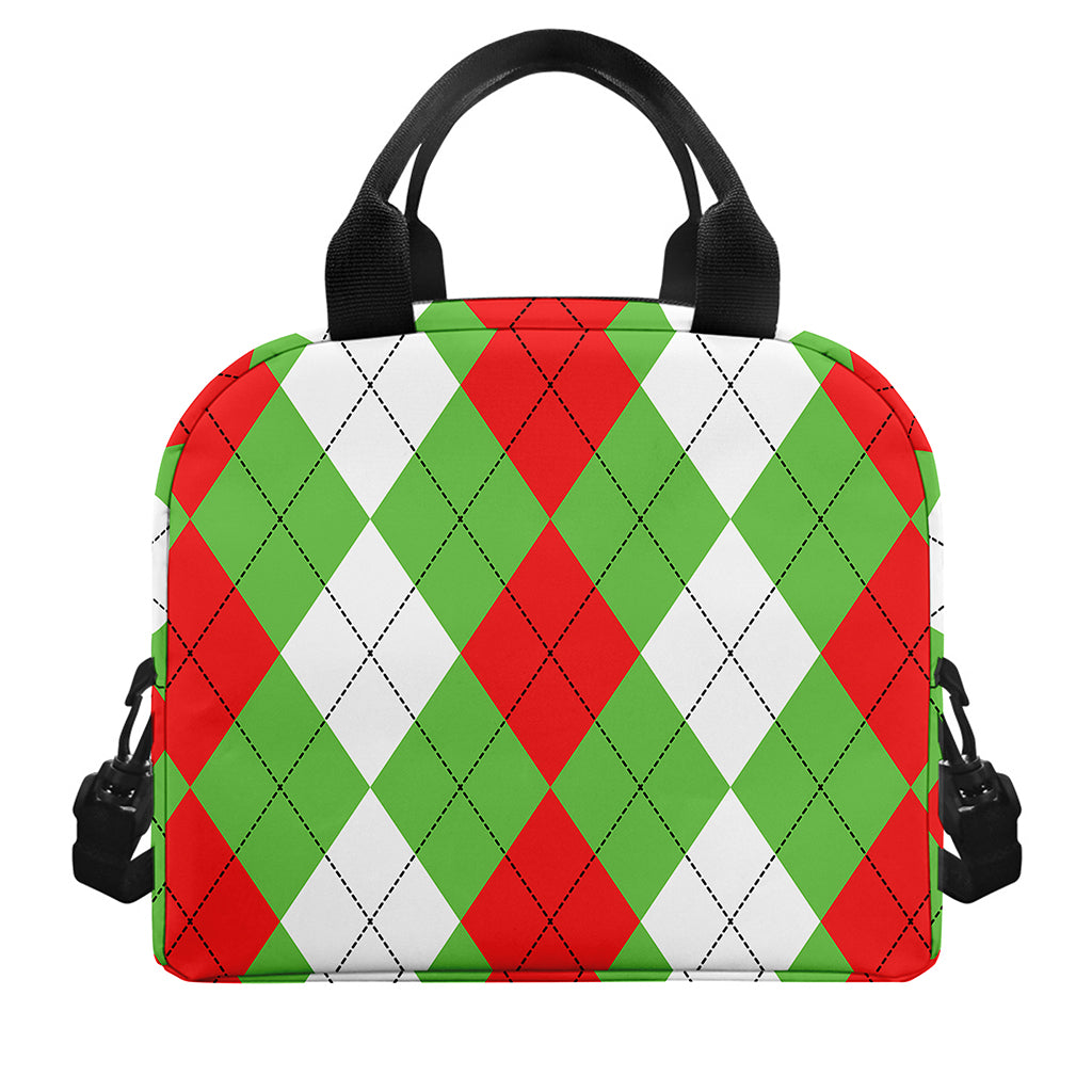 Red Green And White Argyle Pattern Print Insulated Lunch Bag