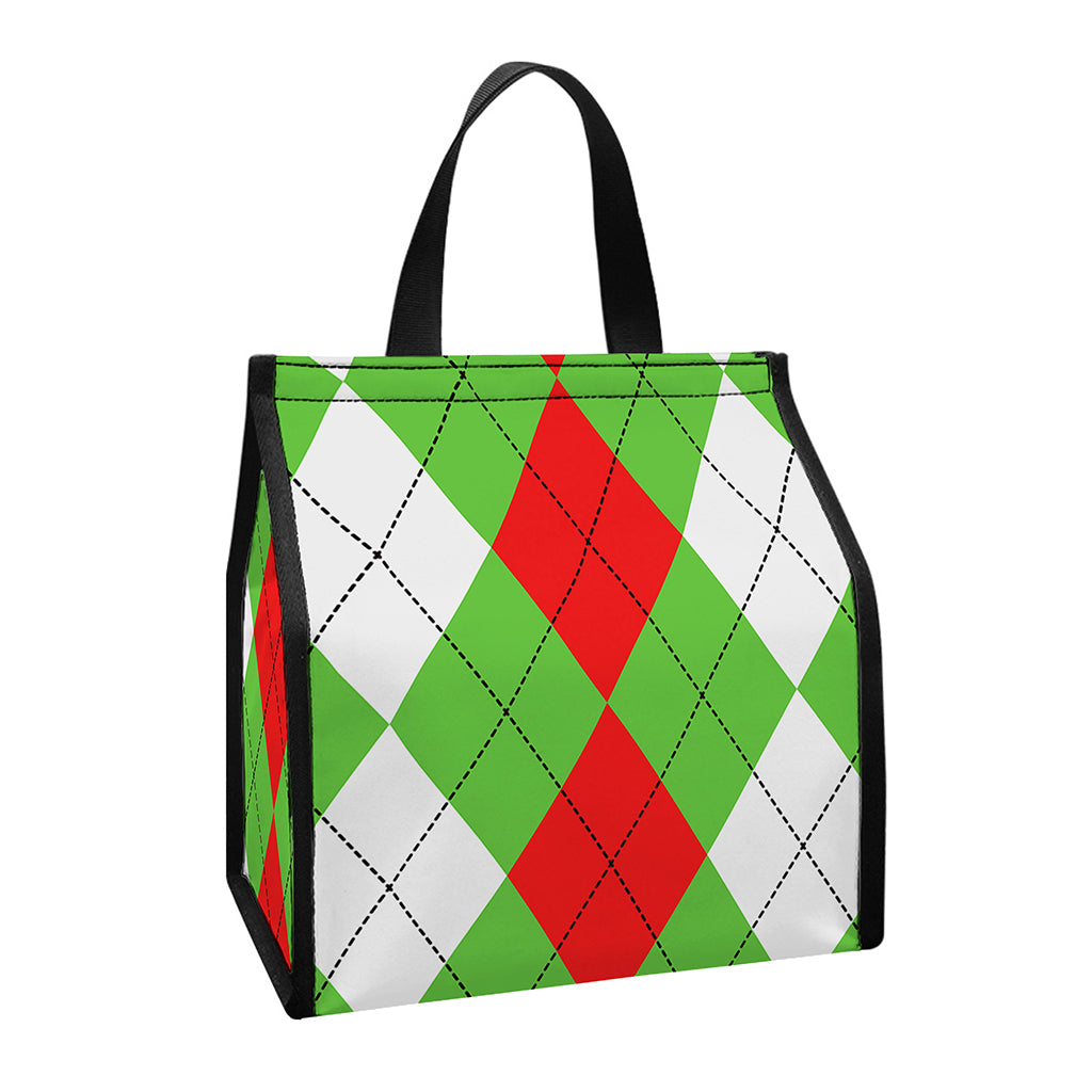 Red Green And White Argyle Pattern Print Insulated Lunch Tote