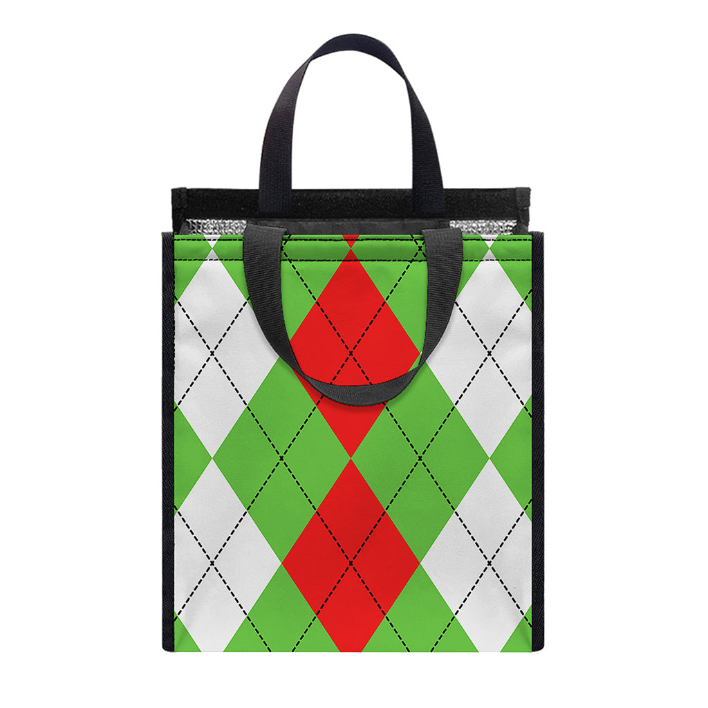 Red Green And White Argyle Pattern Print Insulated Lunch Tote