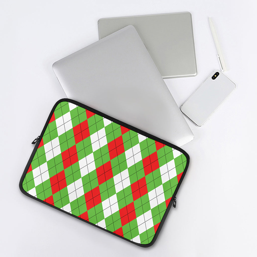 Red Green And White Argyle Pattern Print Laptop Sleeve