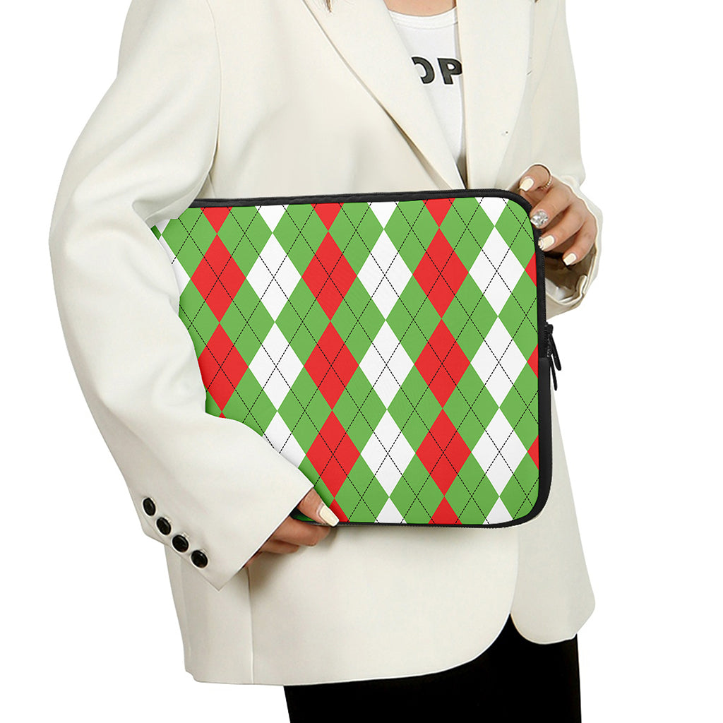 Red Green And White Argyle Pattern Print Laptop Sleeve