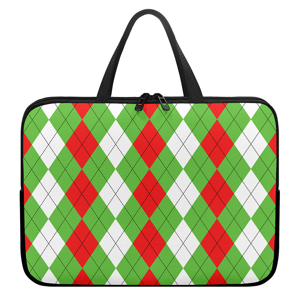 Red Green And White Argyle Pattern Print Laptop Sleeve With Handle