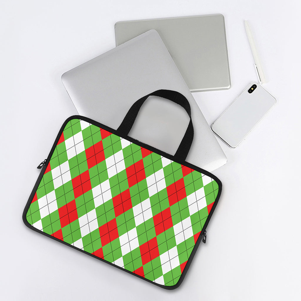 Red Green And White Argyle Pattern Print Laptop Sleeve With Handle