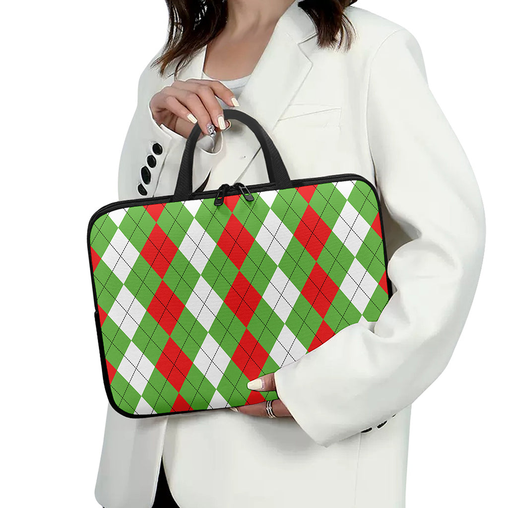 Red Green And White Argyle Pattern Print Laptop Sleeve With Handle