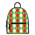 Red Green And White Argyle Pattern Print Leather Backpack