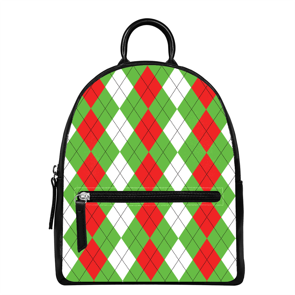 Red Green And White Argyle Pattern Print Leather Backpack