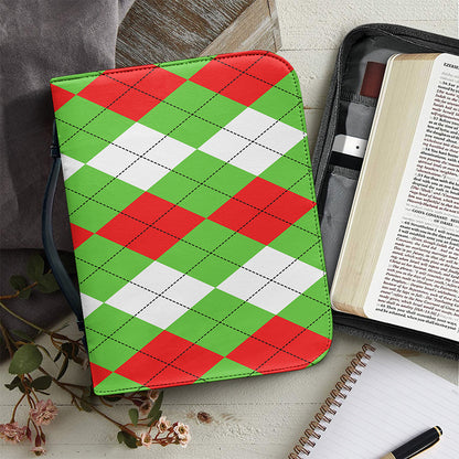 Red Green And White Argyle Pattern Print Leather Bible Cover