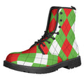 Red Green And White Argyle Pattern Print Lace-Up Boots