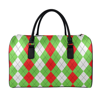 Red Green And White Argyle Pattern Print Leather Duffle Bag