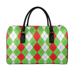 Red Green And White Argyle Pattern Print Leather Duffle Bag