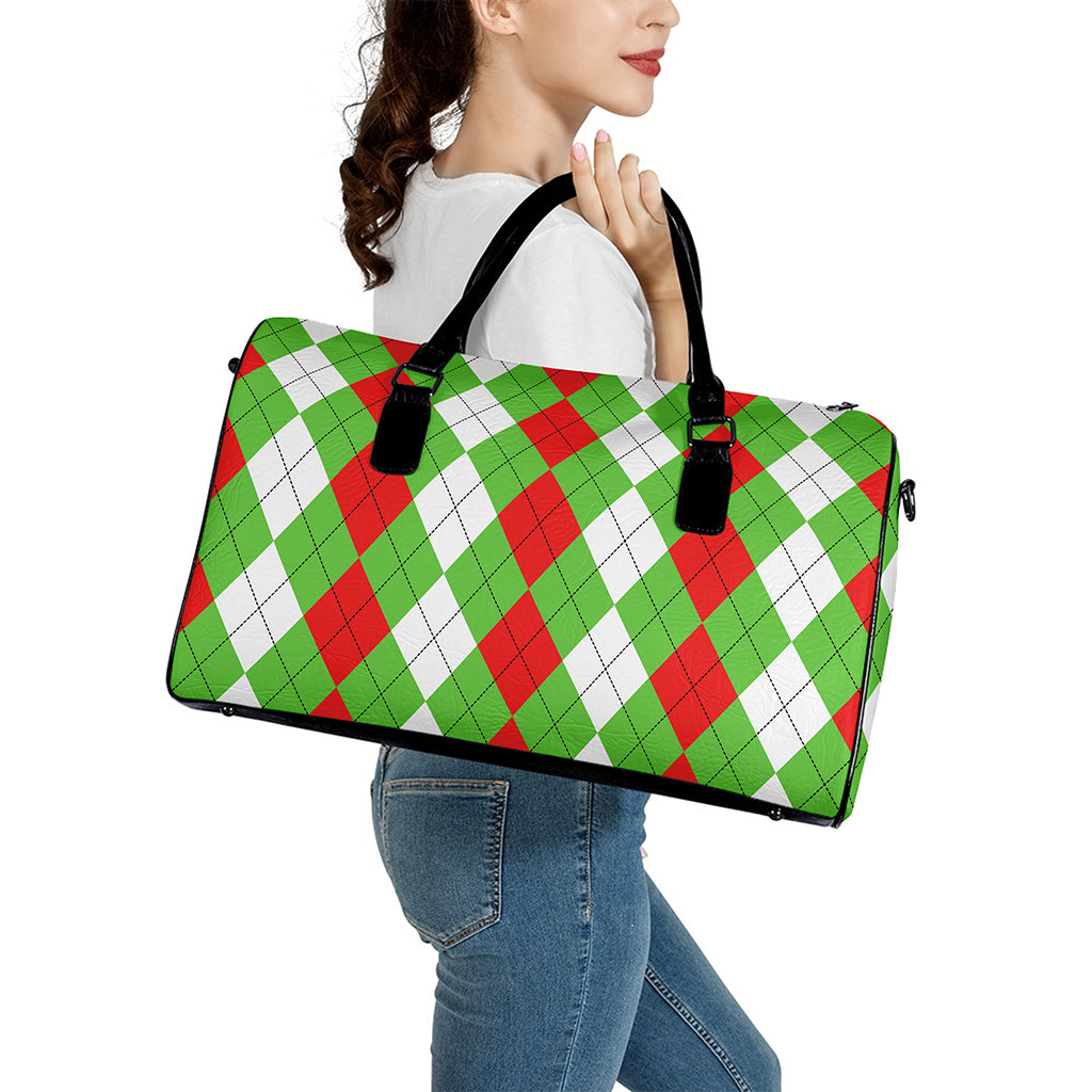 Red Green And White Argyle Pattern Print Leather Duffle Bag