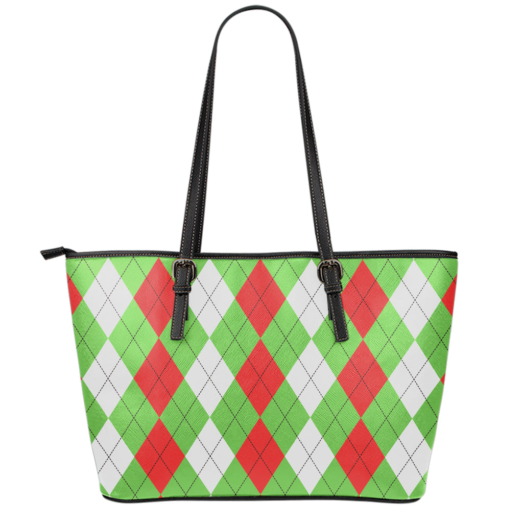 Red Green And White Argyle Pattern Print Leather Tote Bag