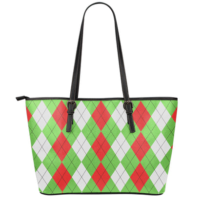 Red Green And White Argyle Pattern Print Leather Tote Bag