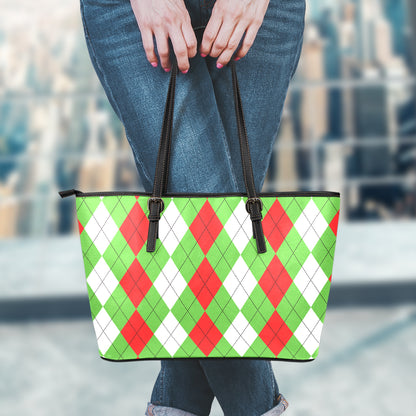 Red Green And White Argyle Pattern Print Leather Tote Bag