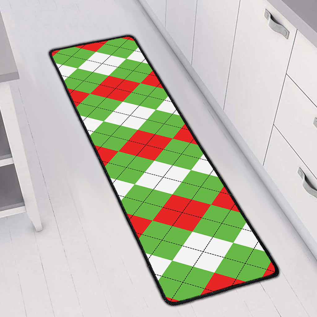 Red Green And White Argyle Pattern Print Long Kitchen Mat