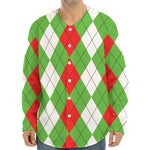 Red Green And White Argyle Pattern Print Long Sleeve Baseball Jersey
