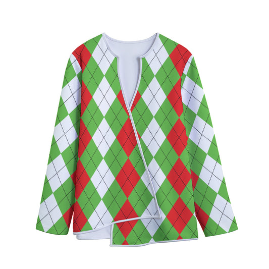 Red Green And White Argyle Pattern Print Long Sleeve Short Coat