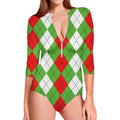 Red Green And White Argyle Pattern Print Long Sleeve Swimsuit