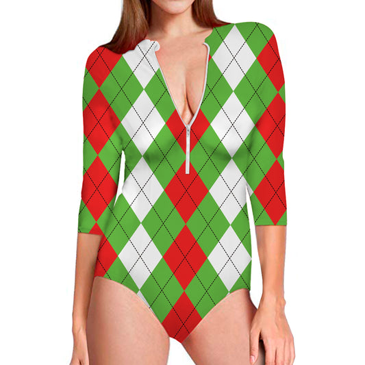 Red Green And White Argyle Pattern Print Long Sleeve Swimsuit