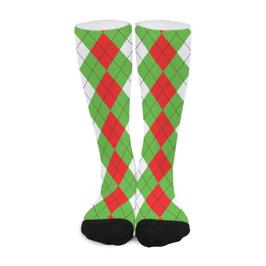 Red Green And White Argyle Pattern Print Long Socks
