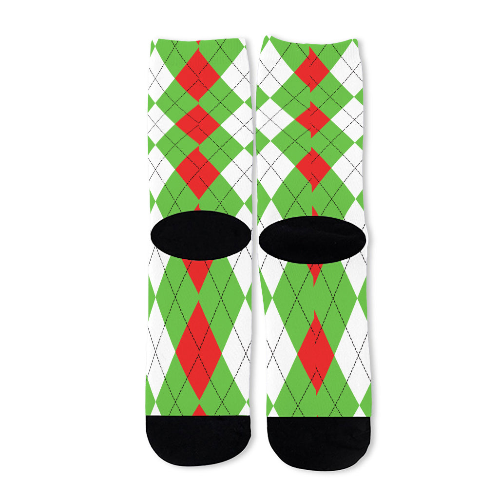 Red Green And White Argyle Pattern Print Long Socks