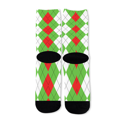 Red Green And White Argyle Pattern Print Long Socks