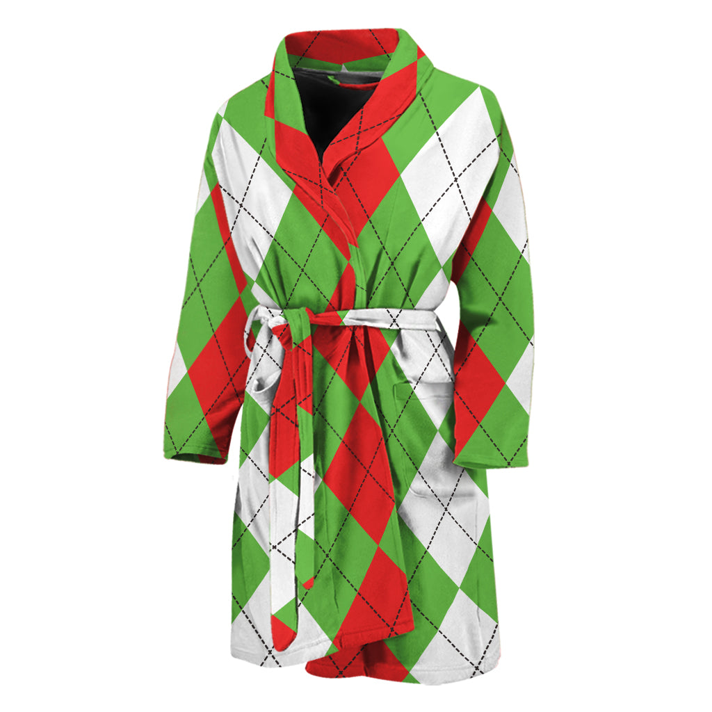 Red Green And White Argyle Pattern Print Men's Bathrobe
