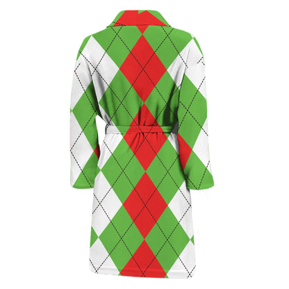 Red Green And White Argyle Pattern Print Men's Bathrobe