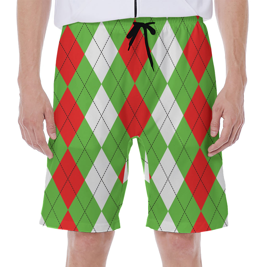 Red Green And White Argyle Pattern Print Men's Beach Shorts