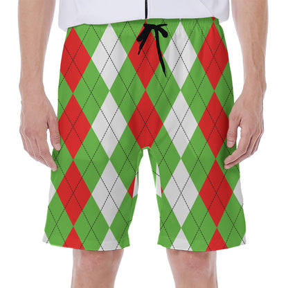 Red Green And White Argyle Pattern Print Men's Beach Shorts