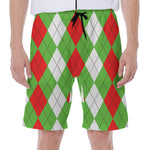 Red Green And White Argyle Pattern Print Men's Beach Shorts