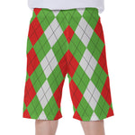 Red Green And White Argyle Pattern Print Men's Beach Shorts