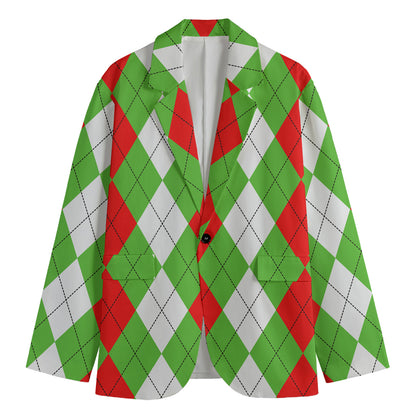 Red Green And White Argyle Pattern Print Men's Blazer