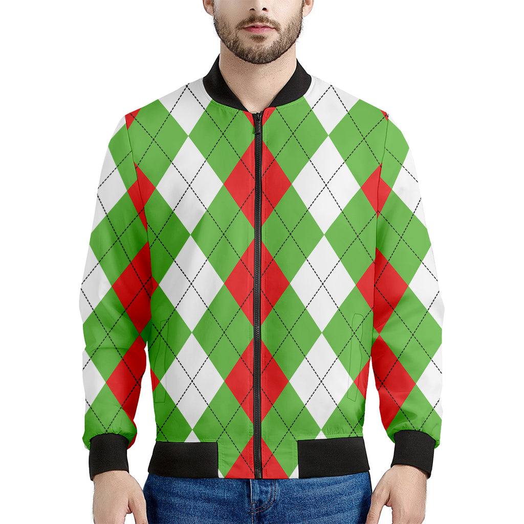 Red Green And White Argyle Pattern Print Men's Bomber Jacket