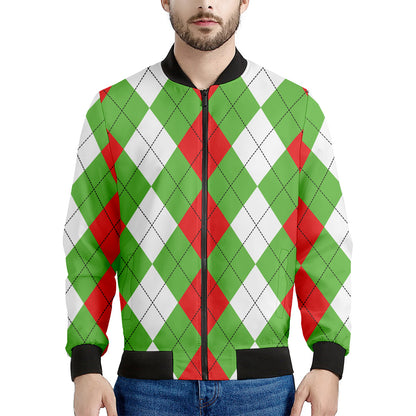 Red Green And White Argyle Pattern Print Men's Bomber Jacket