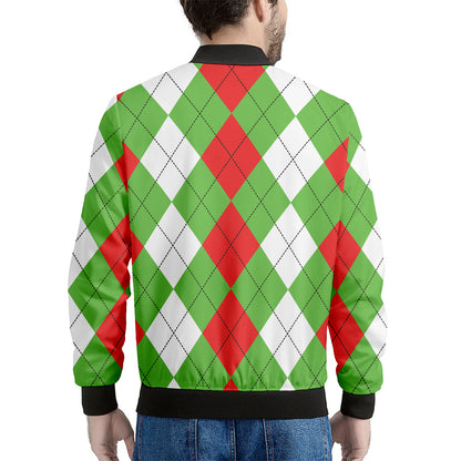 Red Green And White Argyle Pattern Print Men's Bomber Jacket
