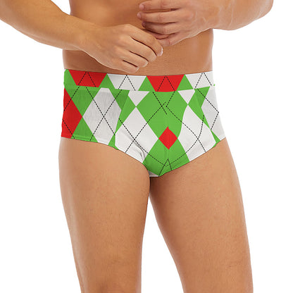 Red Green And White Argyle Pattern Print Men's Briefs