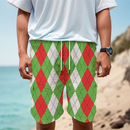 Red Green And White Argyle Pattern Print Men's Cargo Shorts