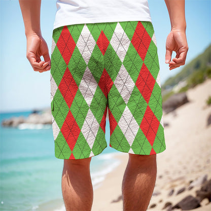 Red Green And White Argyle Pattern Print Men's Cargo Shorts